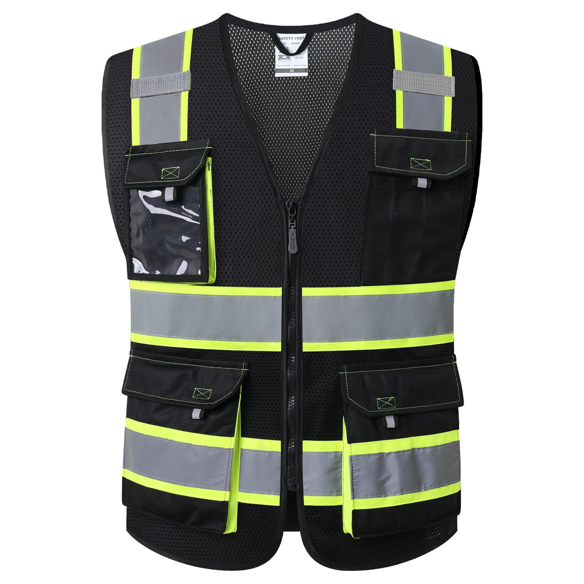 JKSafety chaleco frontal empaquetado mostrando color fluorescente y ajuste, mejora visibilidad
