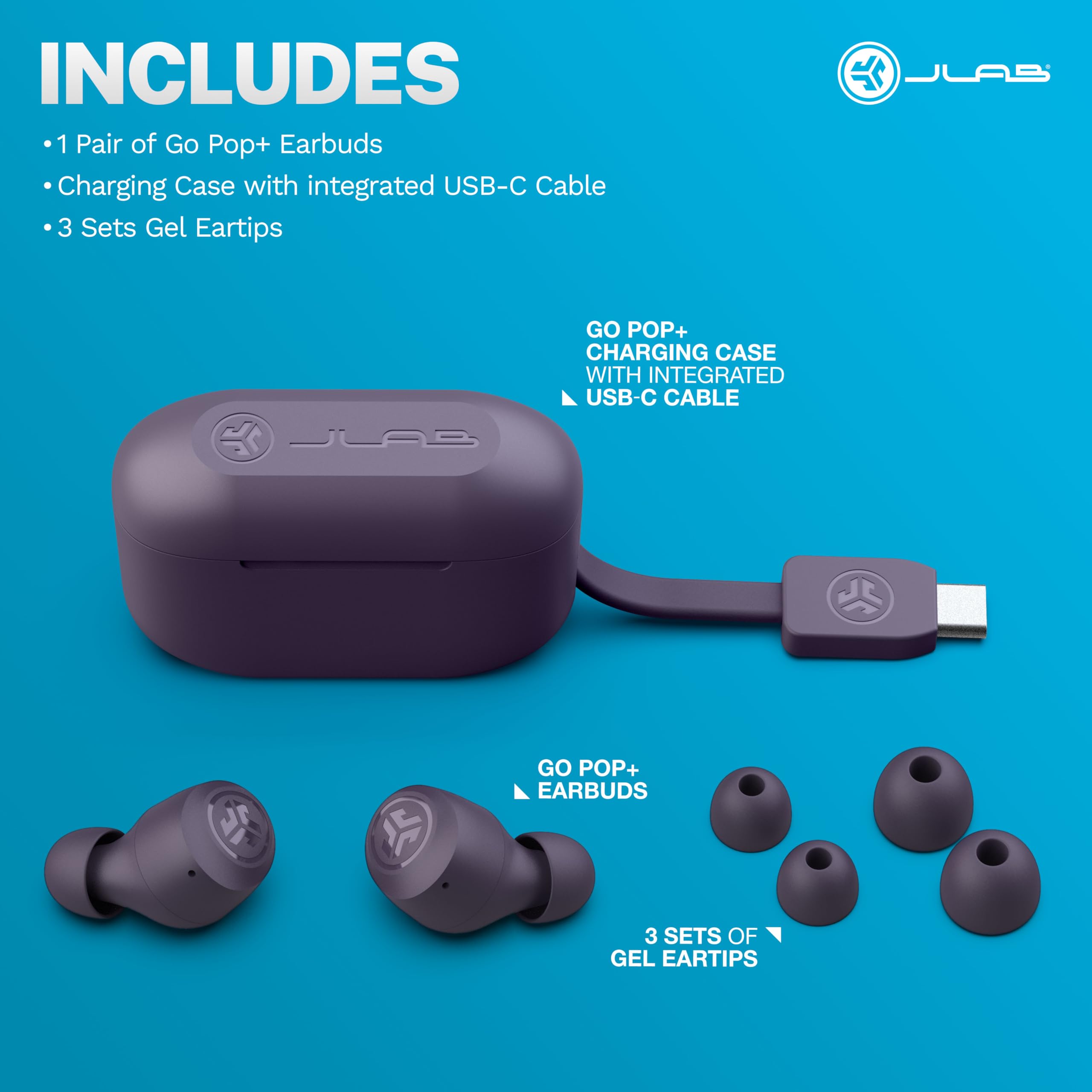 JLab Go Air Pop+ contenidos de la caja: estuche, auriculares y puntas