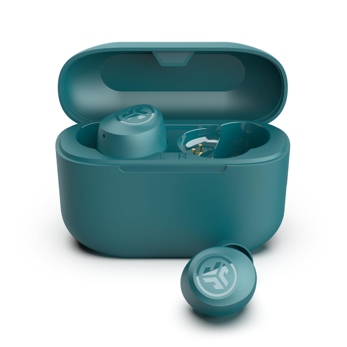 JLab Go Air Pop+ frontal en teal mostrando diseño compacto y estilo