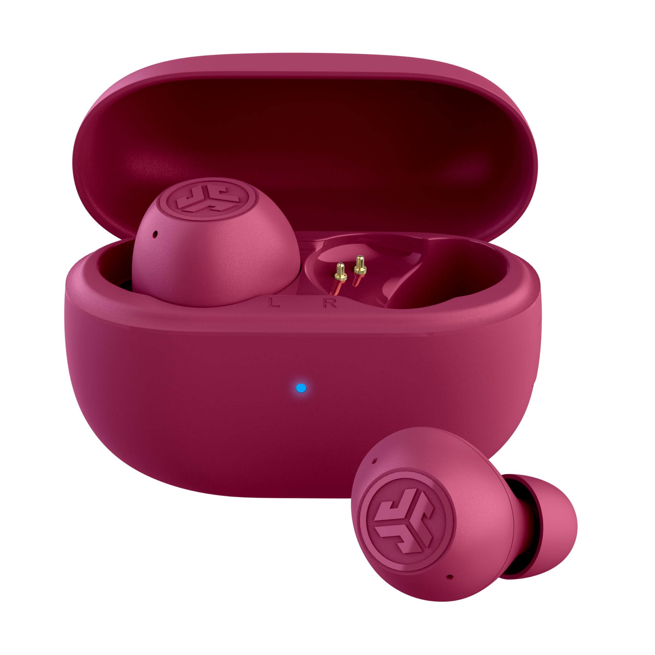 JLab auriculares Go Pop ANC frontal fucsia mostrando diseño compacto y color