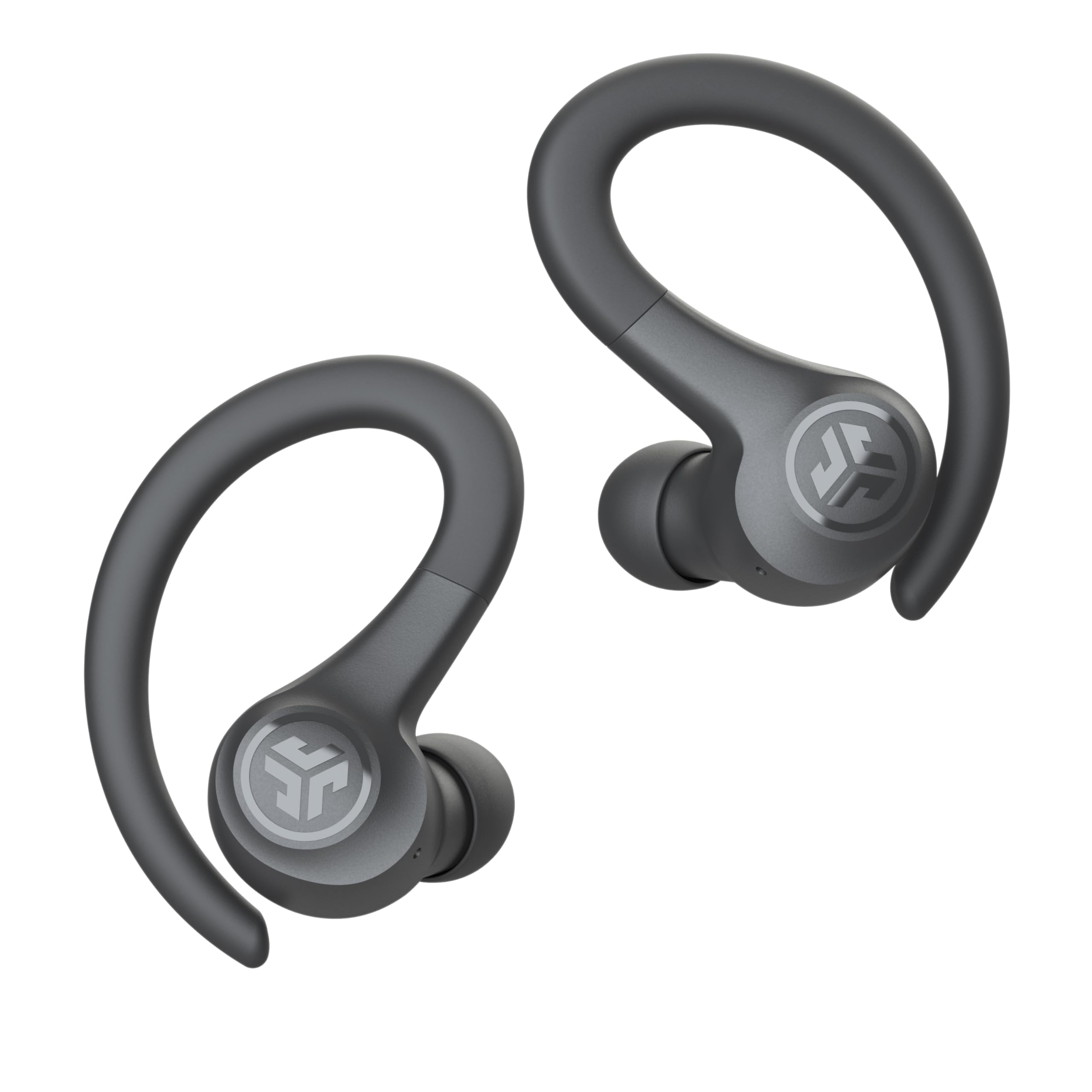 JLab Go Sport+ estuche abierto mostrando cable USB integrado para carga