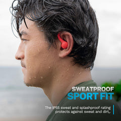 JLab Go Sport+ charging case open showing earbuds and long battery convenience