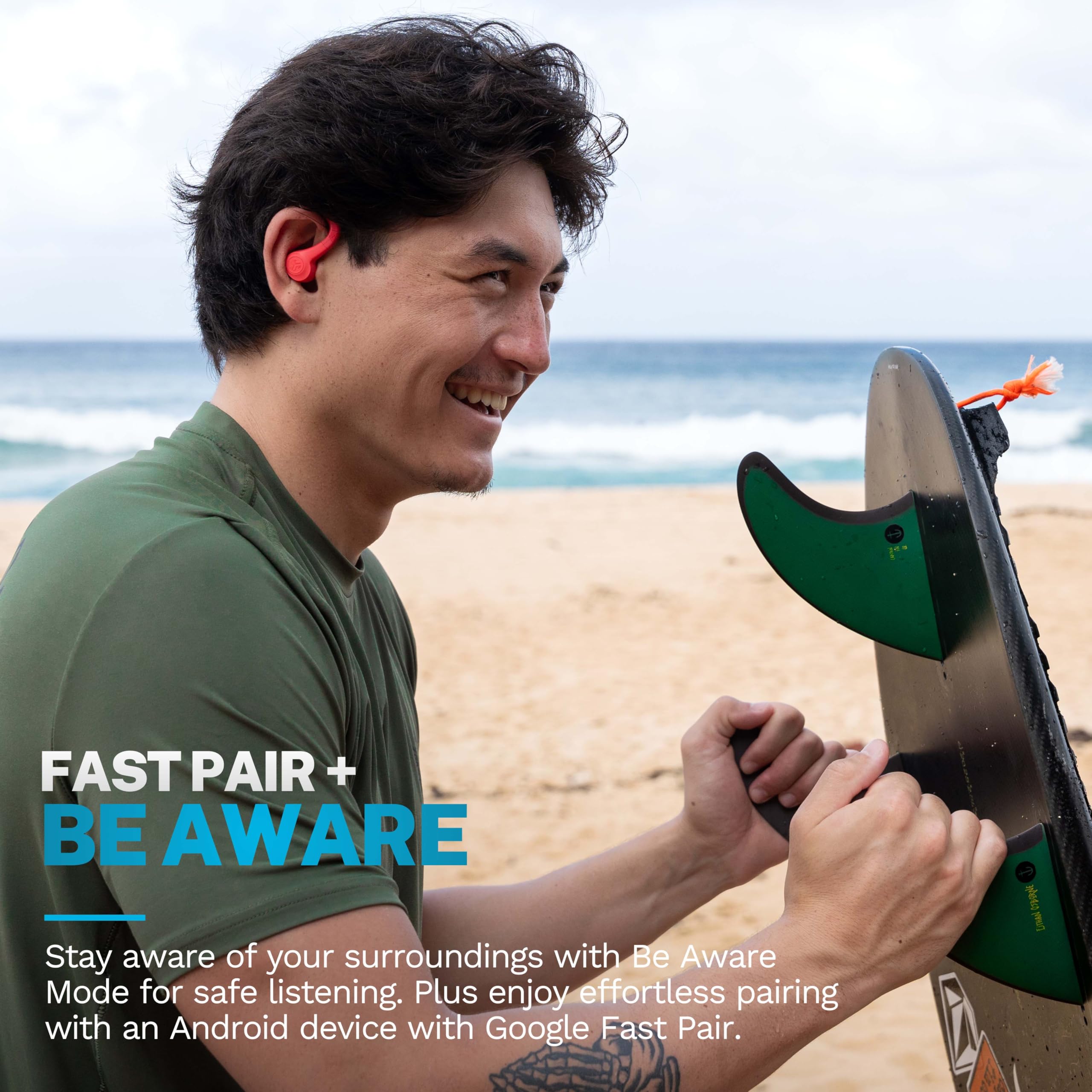 JLab Go Sport+ held in hand to show compact scale and travel-friendly size