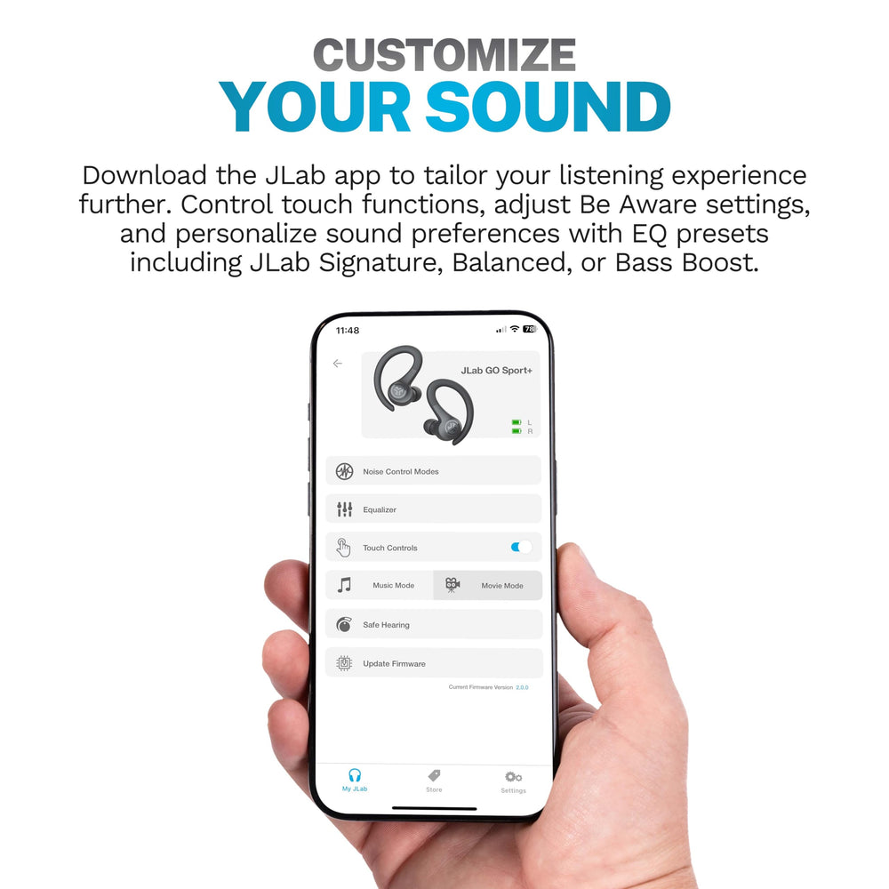 JLab Go Sport+ close-up of earbud texture highlighting sweat-resistant finish
