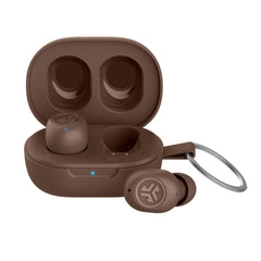 JLab JBuds Mini Tones vista frontal del estuche abierto mostrando auriculares y portabilidad
