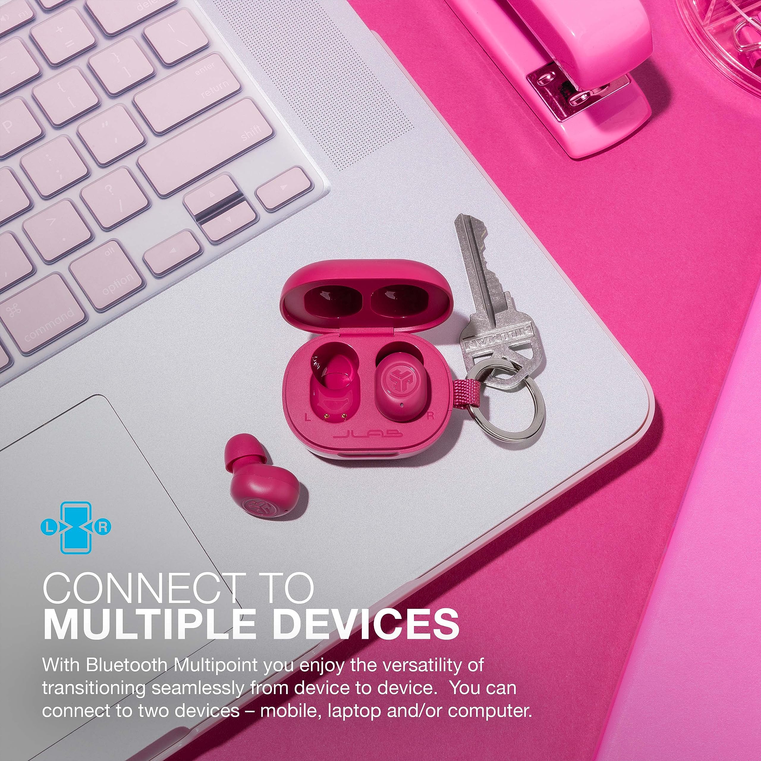 JLab JBuds Mini primer plano de superficie y botones táctiles para control preciso