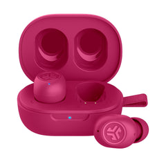 JLab JBuds Mini frontal rosa vivo mostrando diseño compacto y ligero