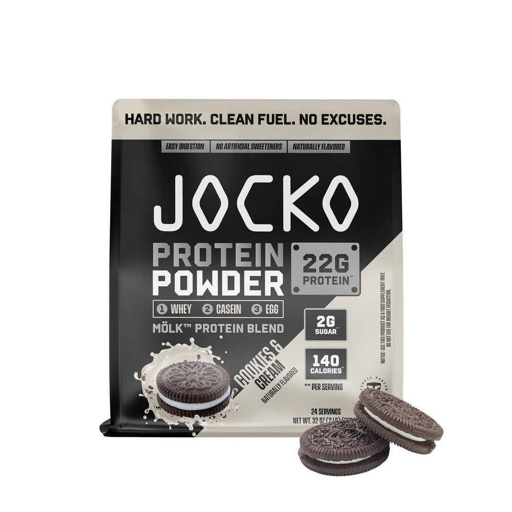 Jocko Fuel envase frontal mostrando etiqueta y sabor cookies & cream, atractivo visual