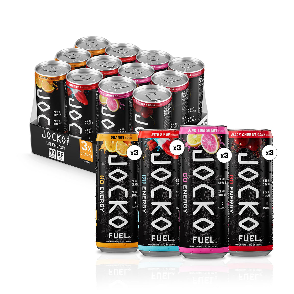 Jocko Fuel vista frontal del pack Variety Pack, conveniencia y variedad