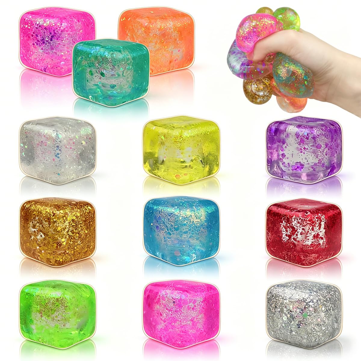 JoFAN cubo antiestrés frontal mostrando purpurina y colores vibrantes para diversión
