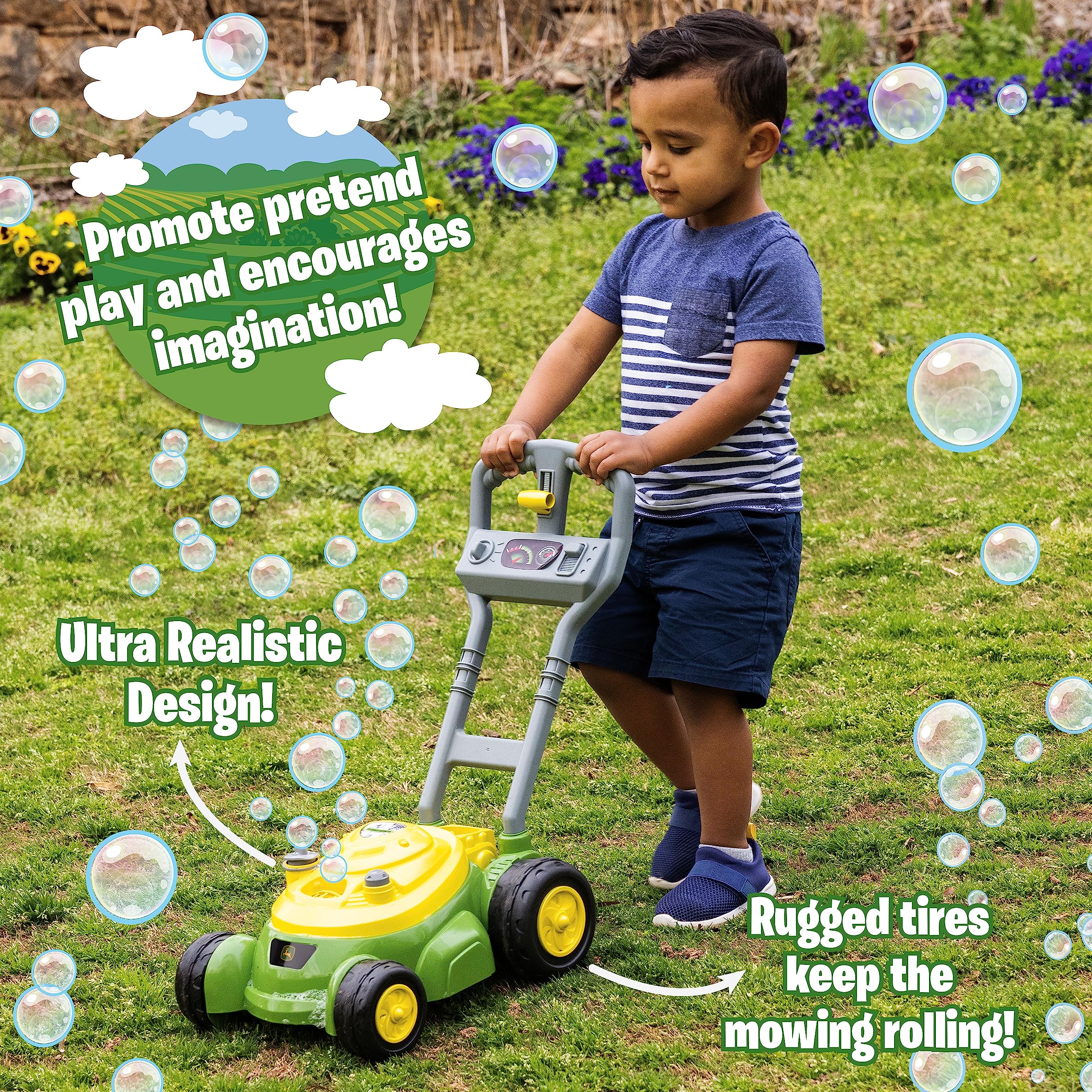 John Deere Bubble-N-Go con botella de solución de 4 oz en el portabotellas listo para recargar