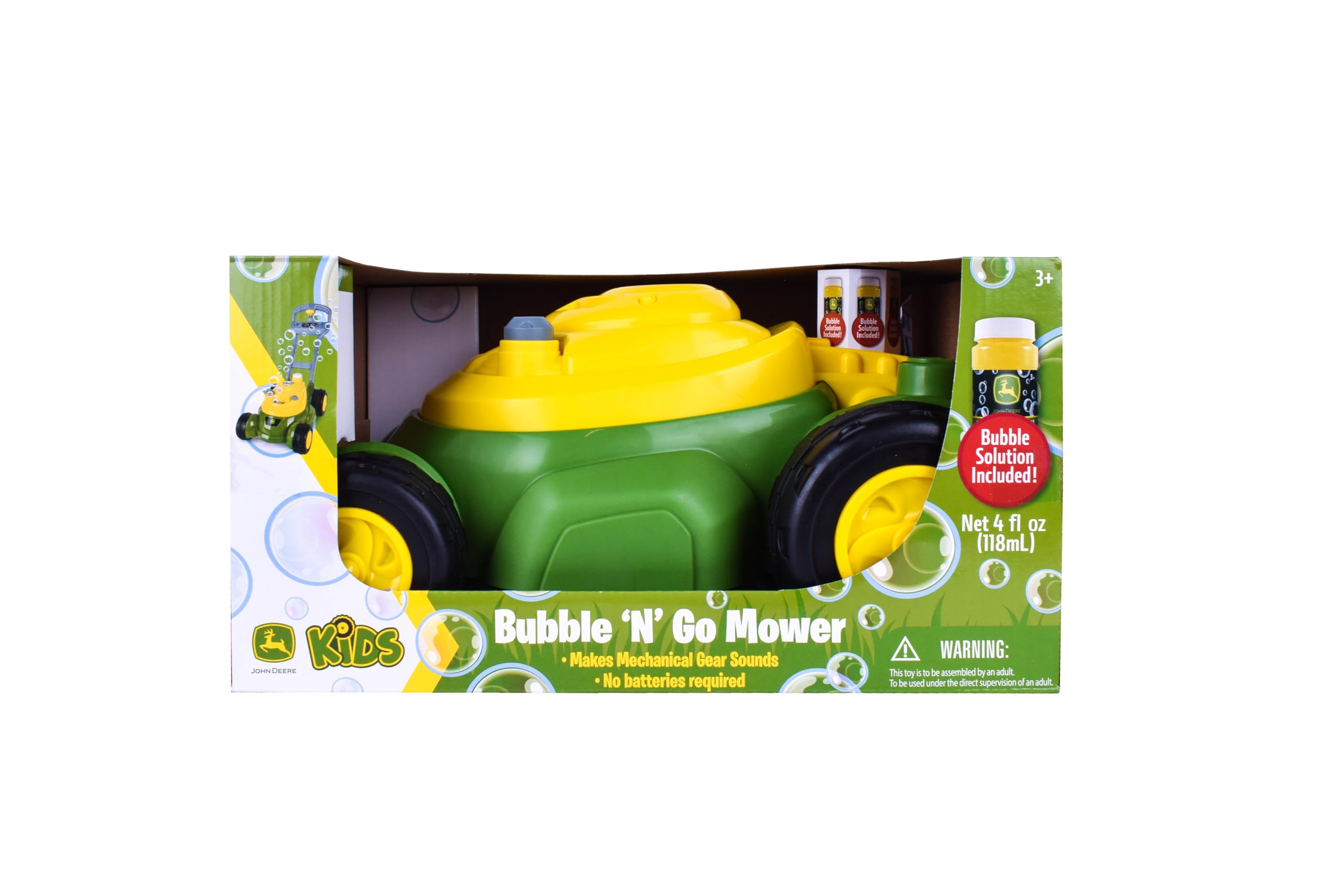 John Deere Bubble-N-Go junto a un zapato infantil para mostrar la escala y tamaño del juguete