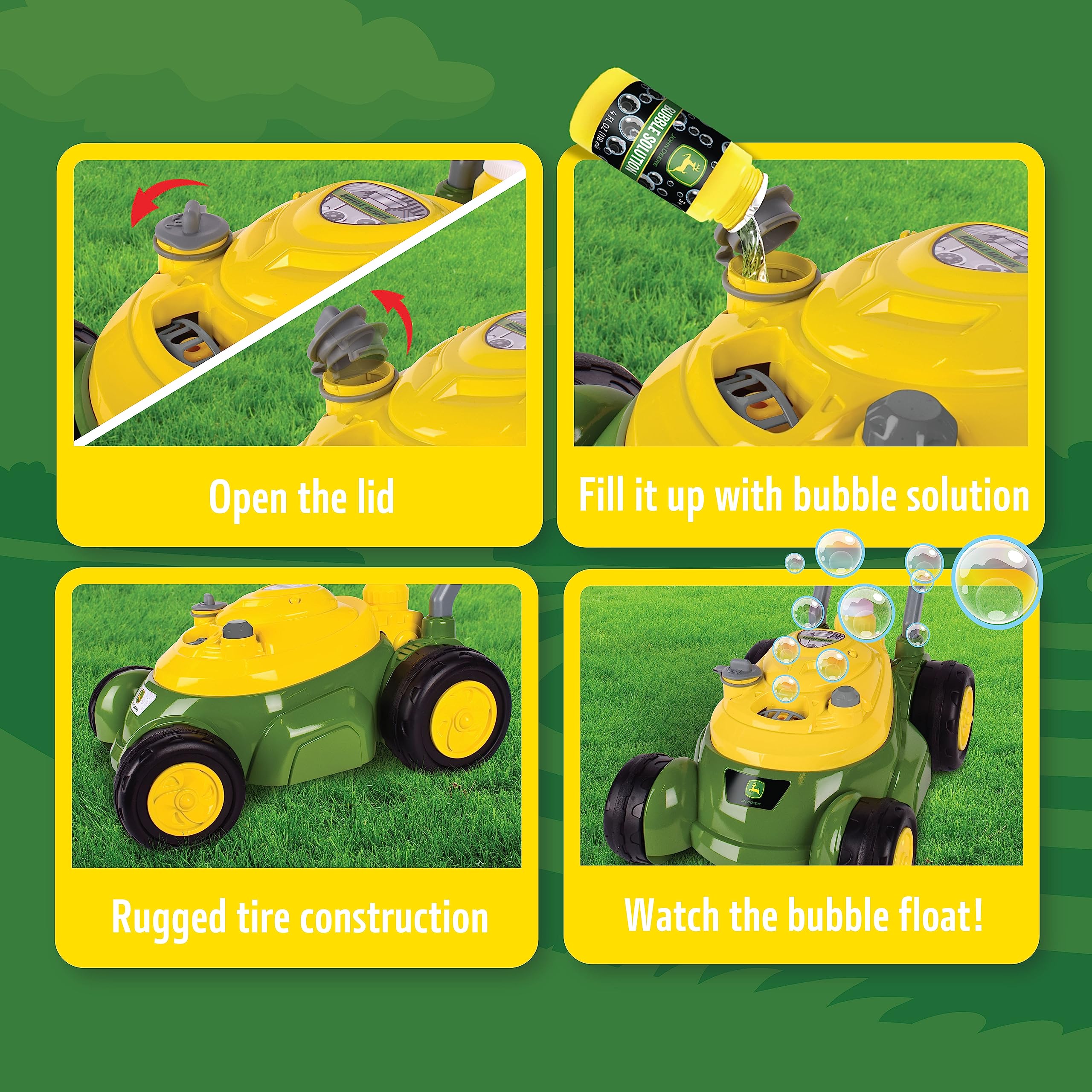 John Deere Bubble-N-Go close-up de botones y superficies texturizadas para agarre seguro