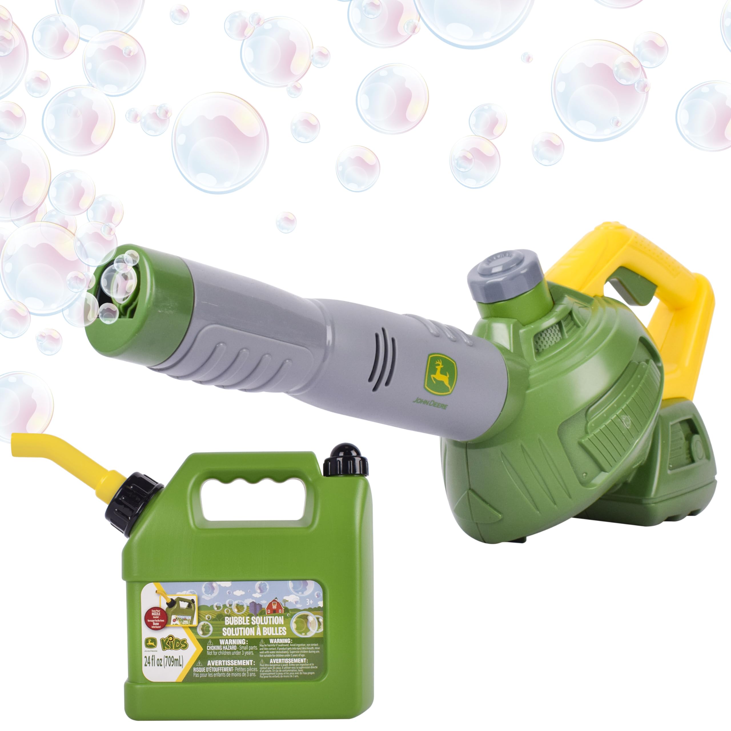 John Deere soplador frontal mostrando diseño realista y diversión segura