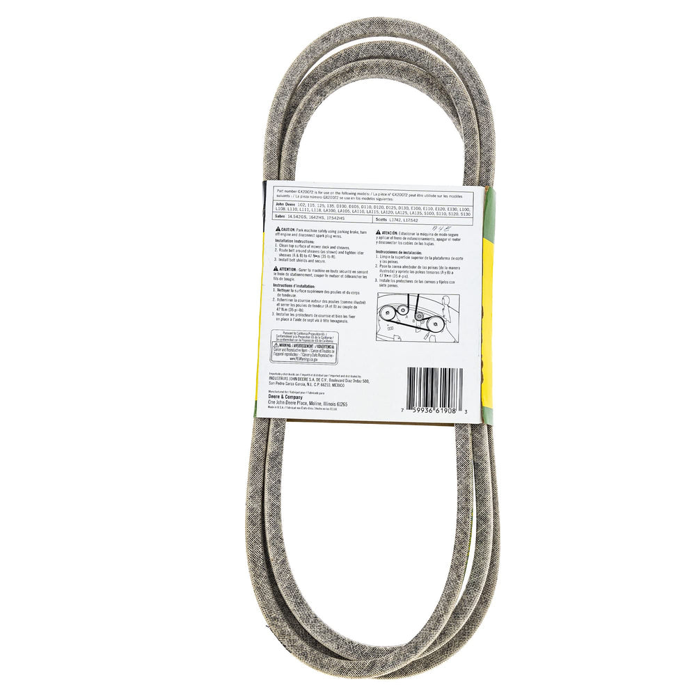John Deere GX20072 close-up of belt material highlighting durable, anti-stretch compound