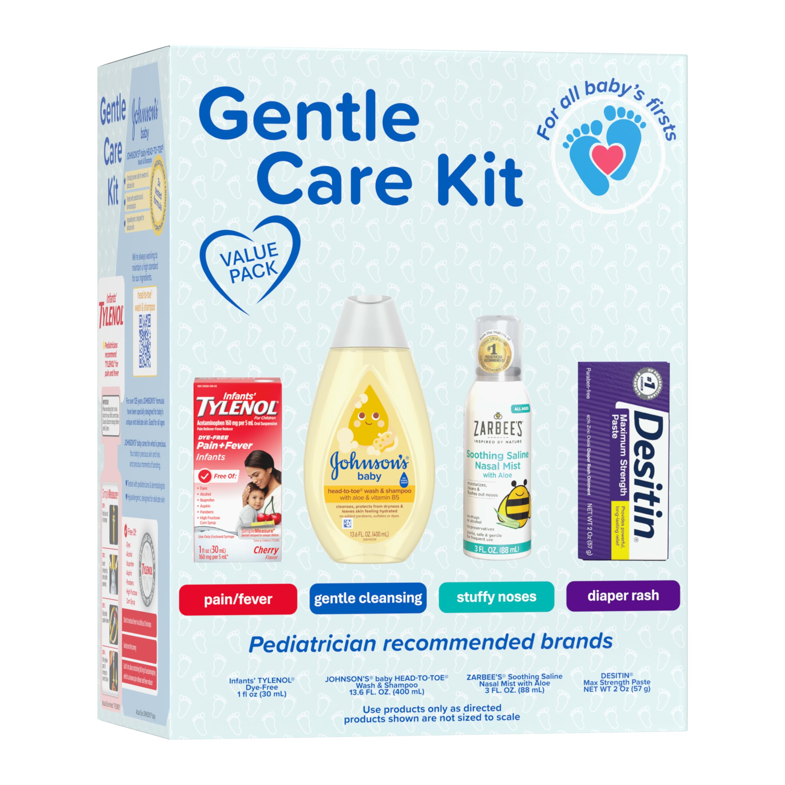 Johnson's Baby kit frontal del paquete mostrando las cuatro piezas y conveniencia