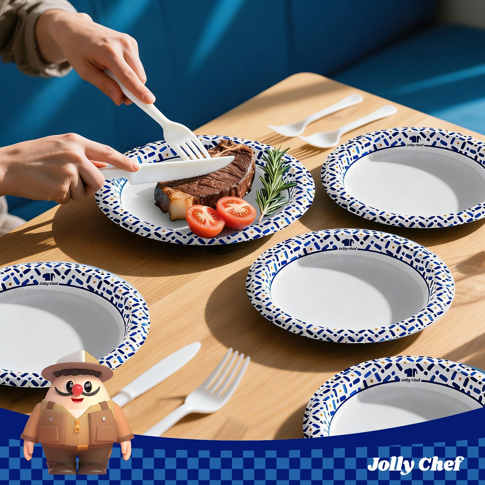 JOLLY CHEF mesa festiva con platos usados para ambientar eventos y decoración