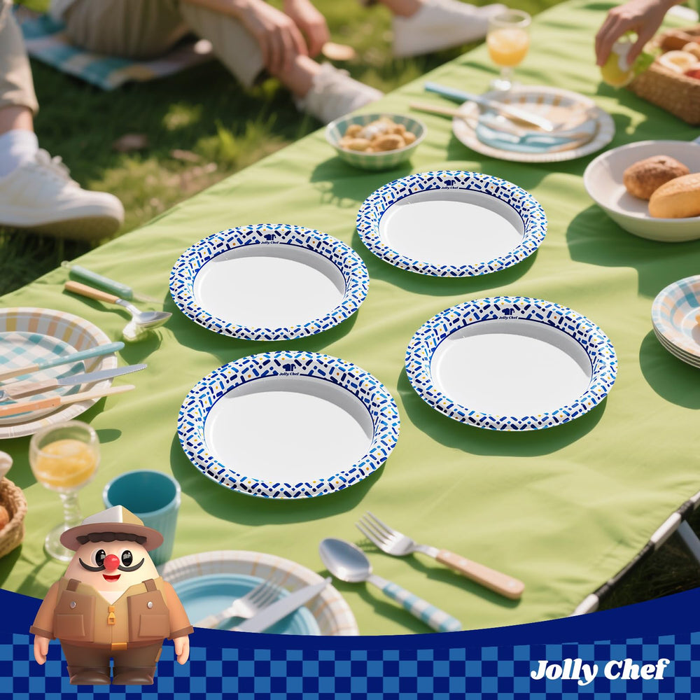 JOLLY CHEF pila de platos vista superior mostrando el patrón geométrico azul