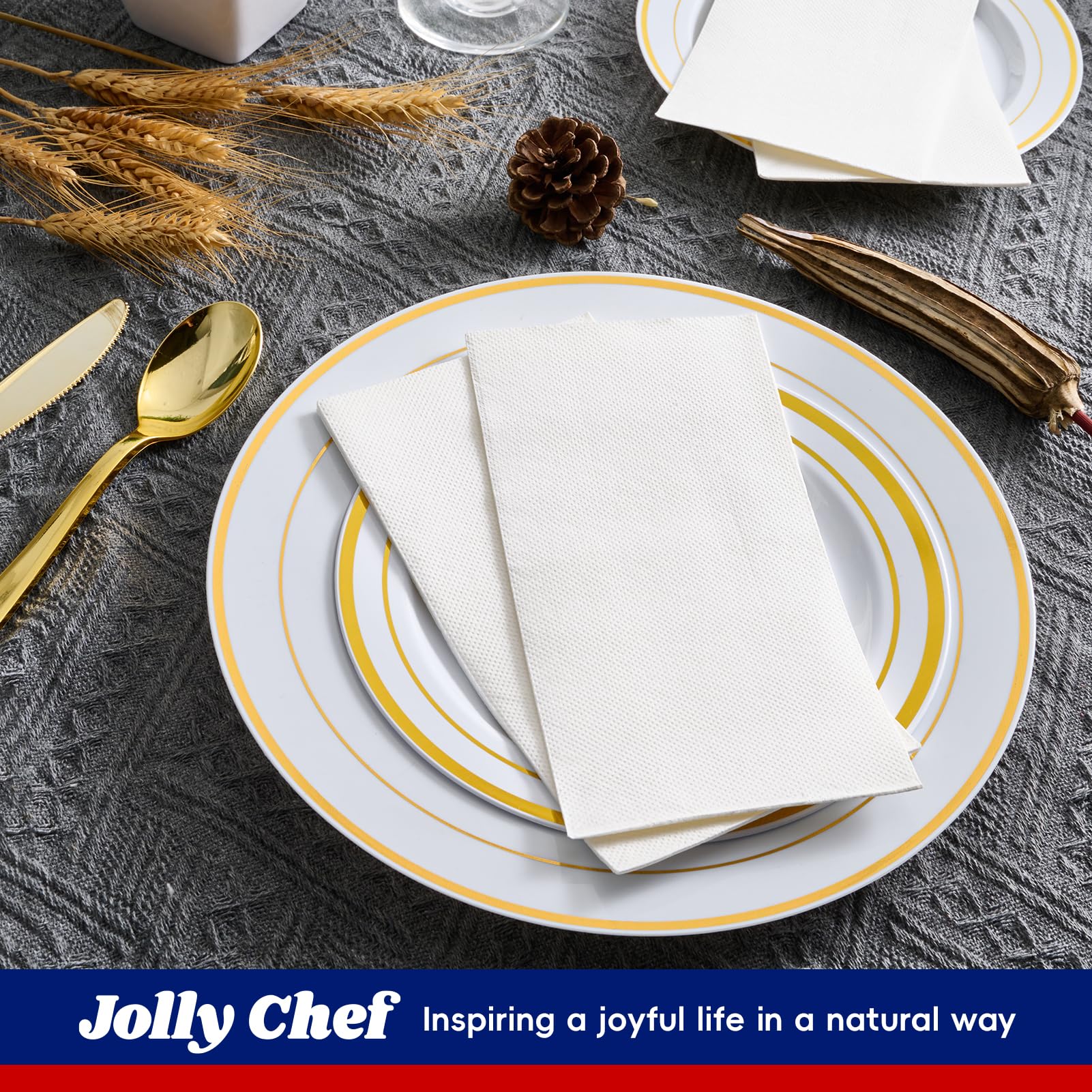 JOLLY CHEF servilleta plegada sobre la mesa con cubiertos, ahorro de espacio