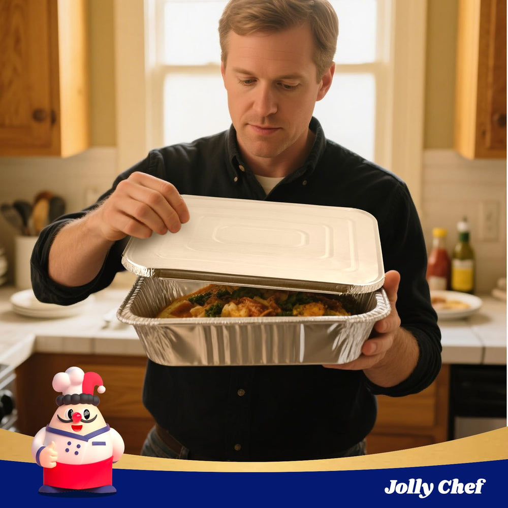 JOLLY CHEF tapa ajustada sellando alimento para transporte seguro