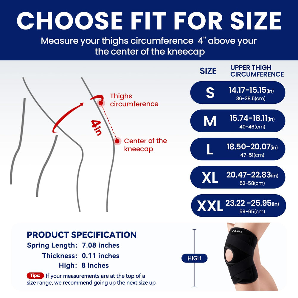 JOMVD knee brace worn on leg demonstrating secure, non-slip fit