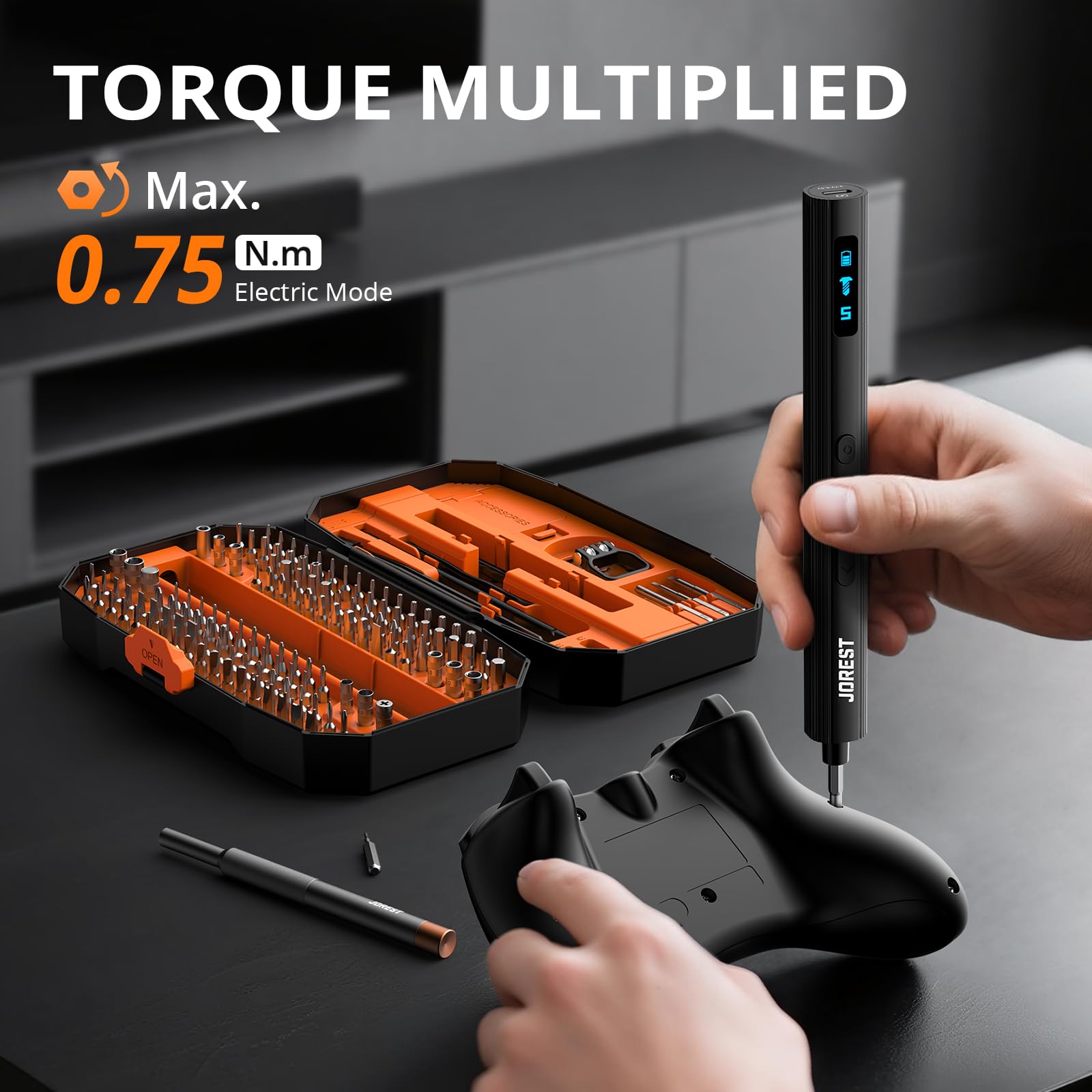 Jorest detalle del mango eléctrico ergonómico y antideslizante para control
