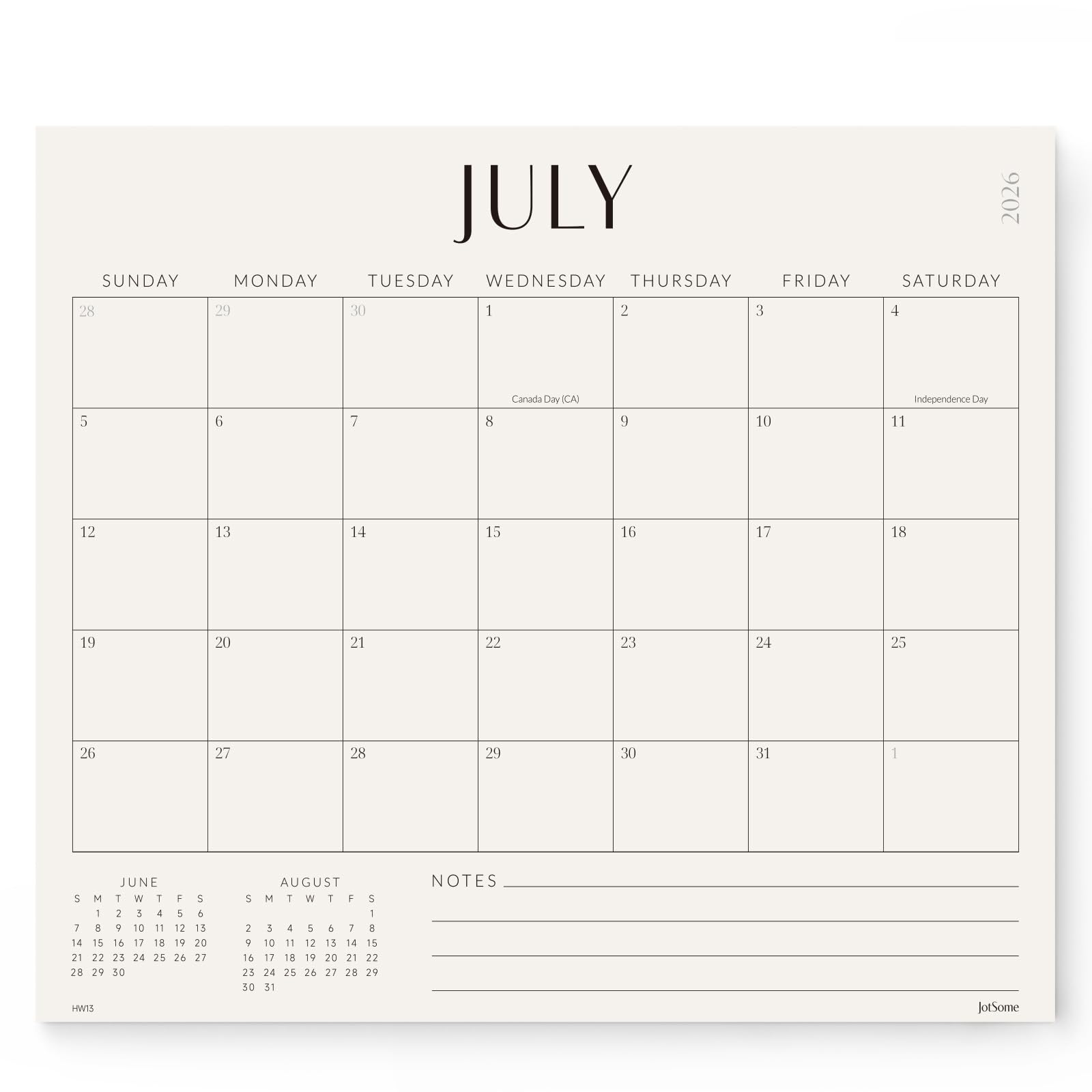 Jotsome calendario frente mostrando mes y diseño claro para planificación diaria
