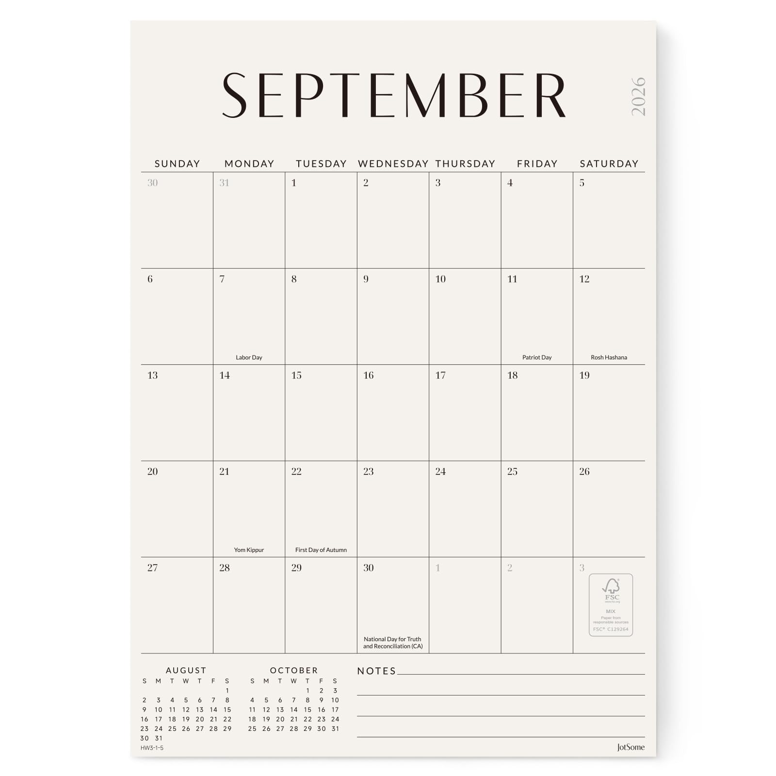 Jotsome calendario frontal mostrando mes y casillas, organización visible