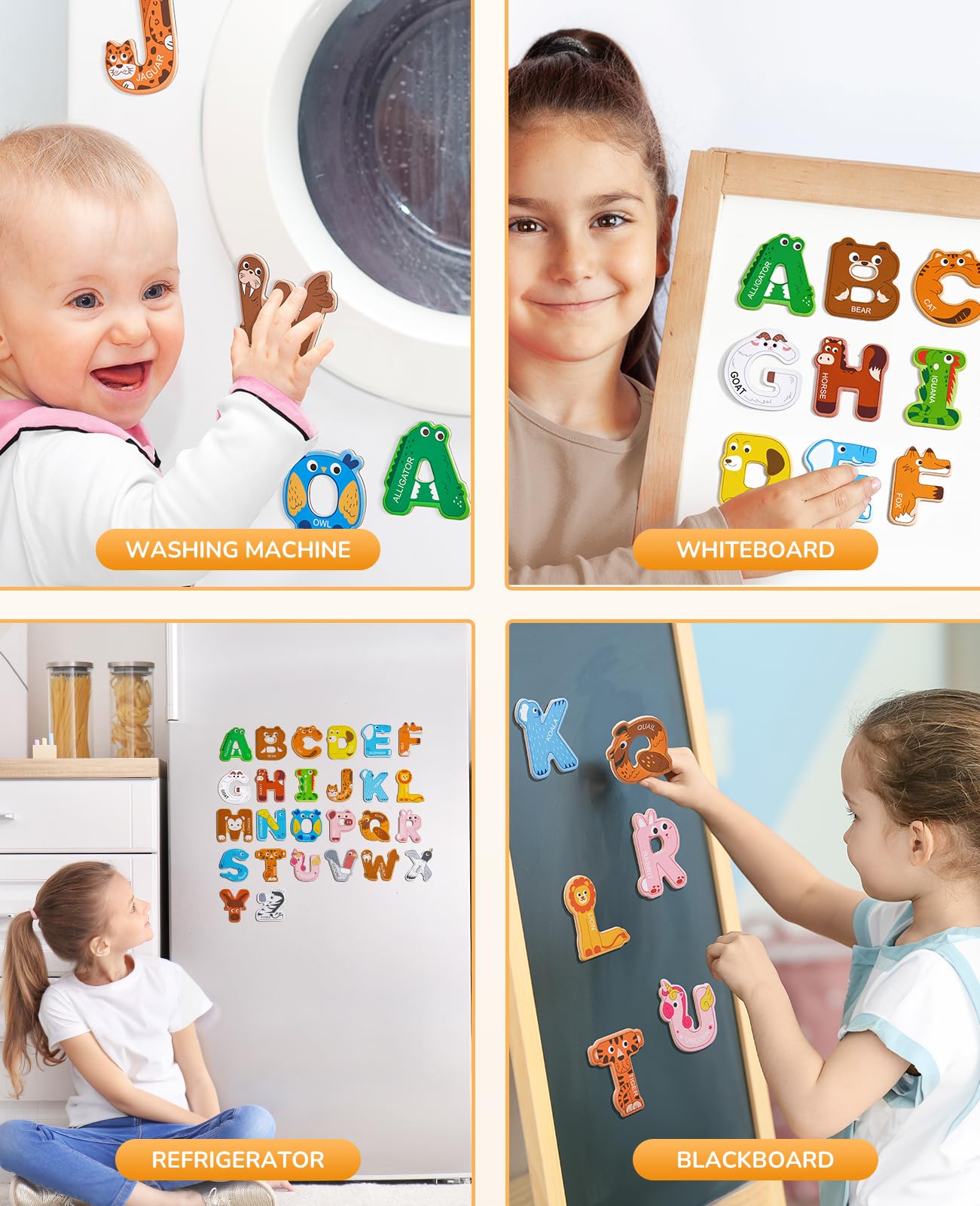 JoyCat familia jugando con letras magnéticas en la cocina fomentando aprendizaje