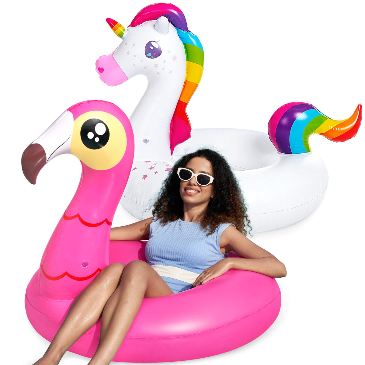 JOYIN flotador frontal flamingo y unicornio mostrando diseño llamativo y diversión