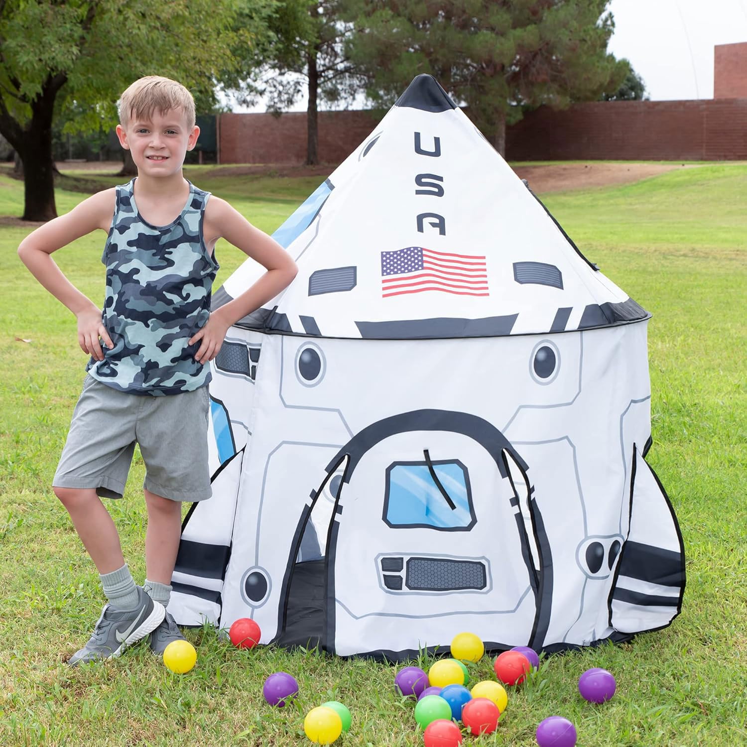 JOYIN child beside tent showing size and scale for age-appropriate fit