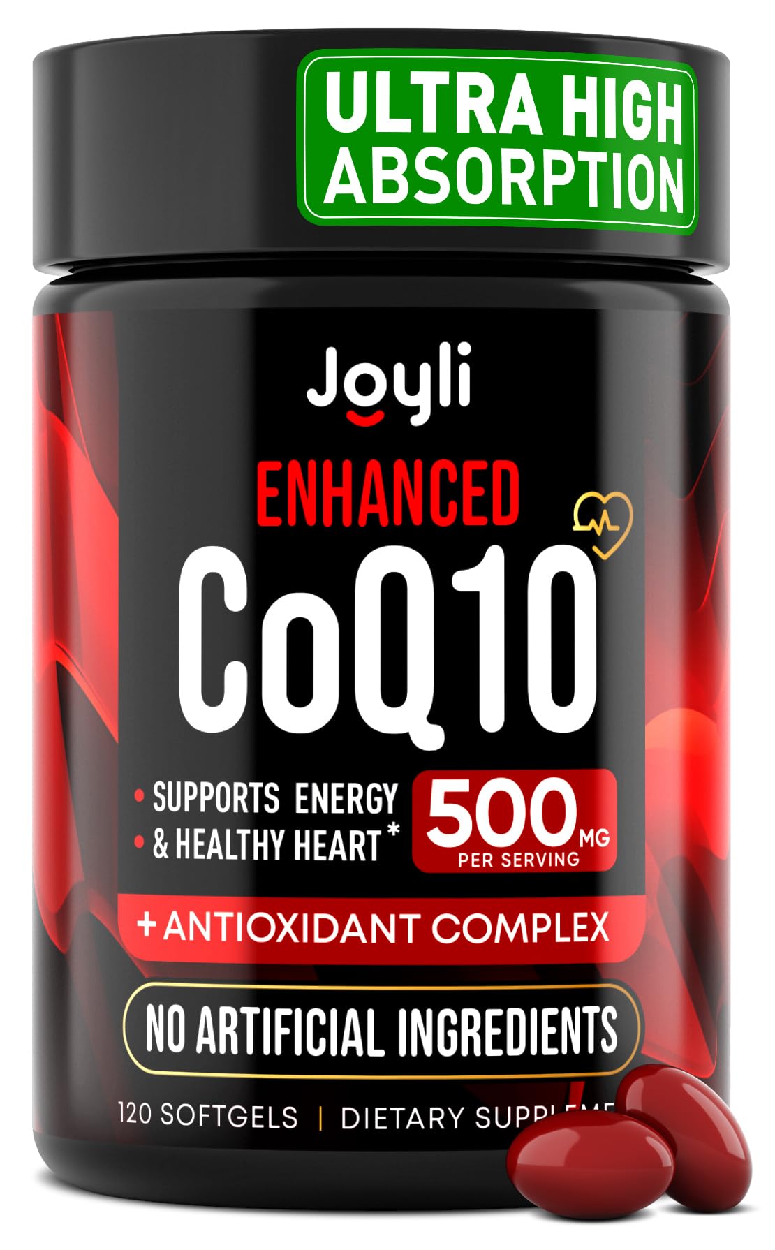 JOYLI coq10 frontal del envase mostrando 120 softgels y beneficios claros