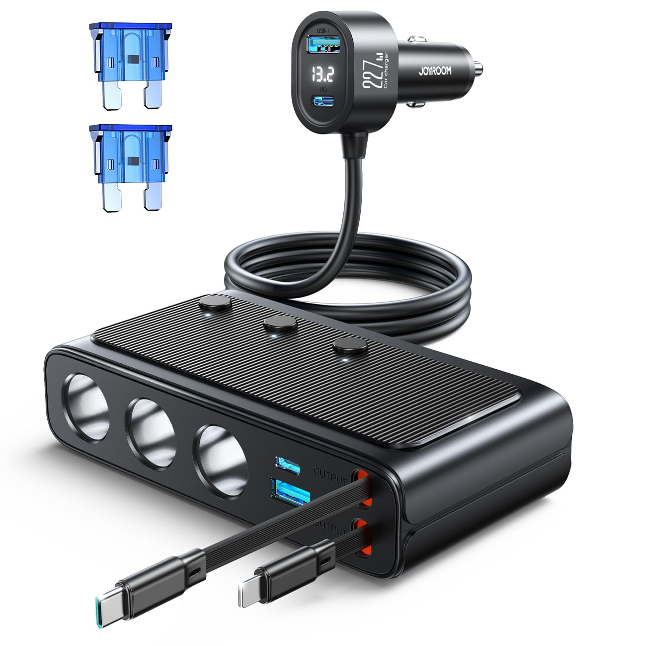 JOYROOM adaptador frontal mostrando puertos múltiples y carga ordenada