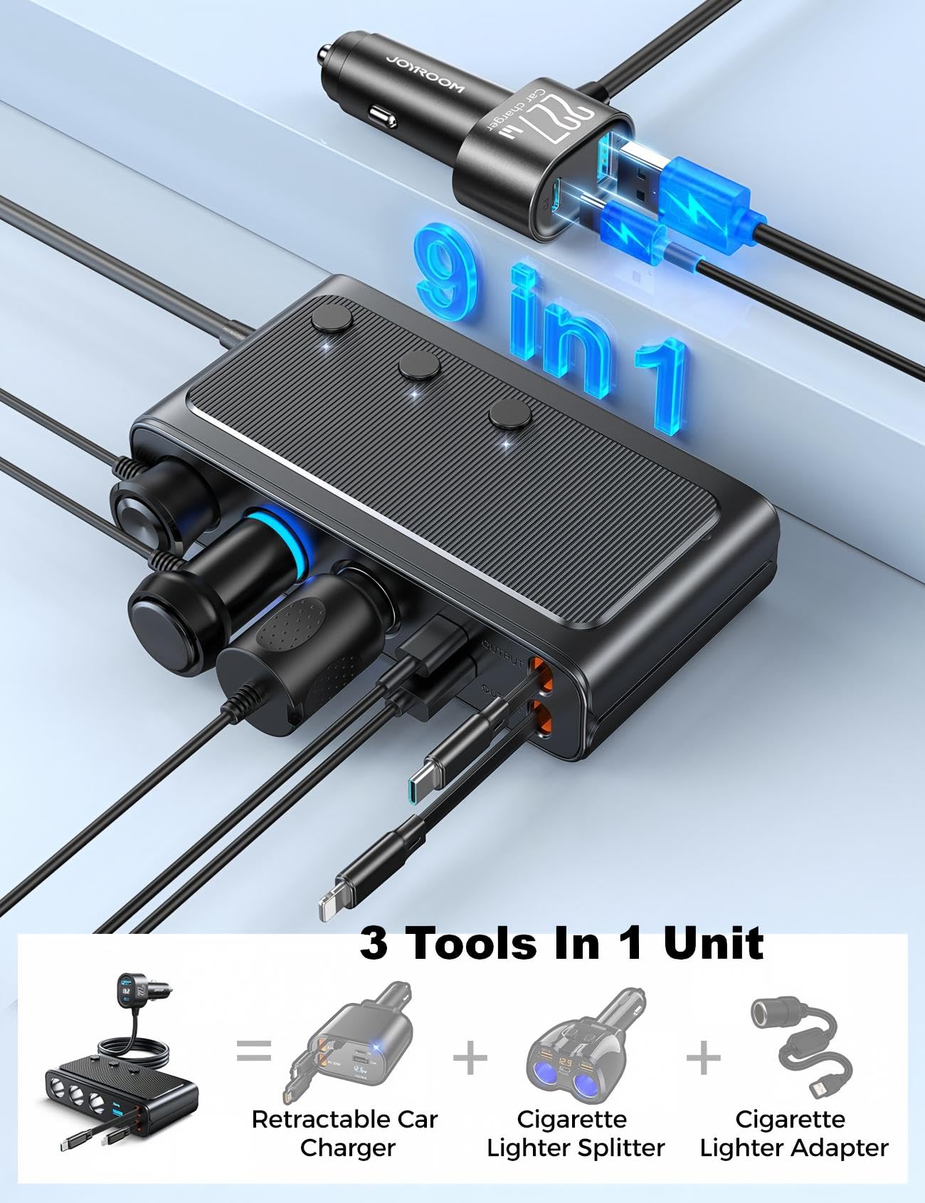 JOYROOM tres tomas de encendedor compatibles con pequeños electrodomésticos