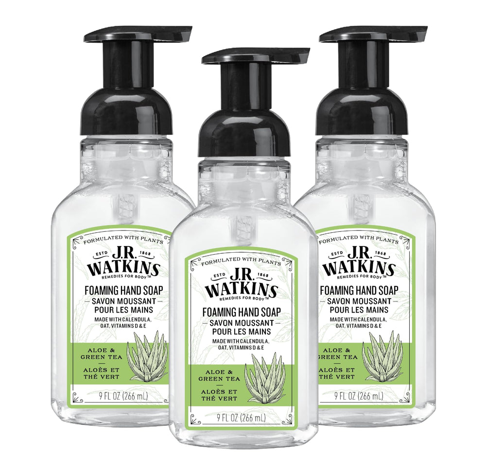 J.R. Watkins envase frontal Aloe y Té Verde mostrando diseño y beneficio hidratante
