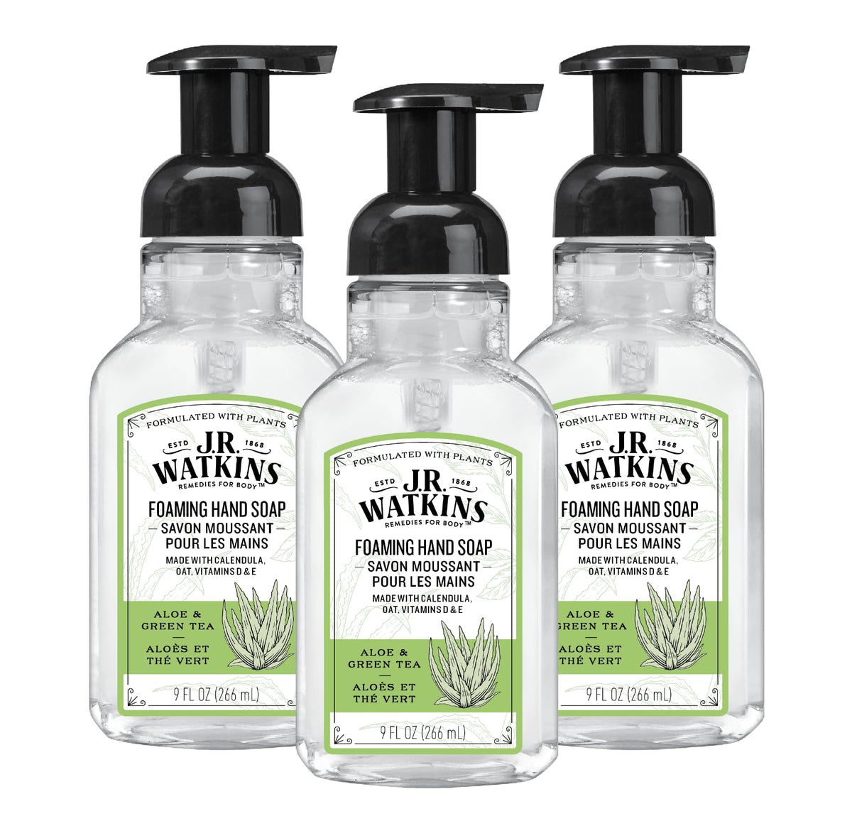 J.R. Watkins envase frontal Aloe y Té Verde mostrando diseño y beneficio hidratante