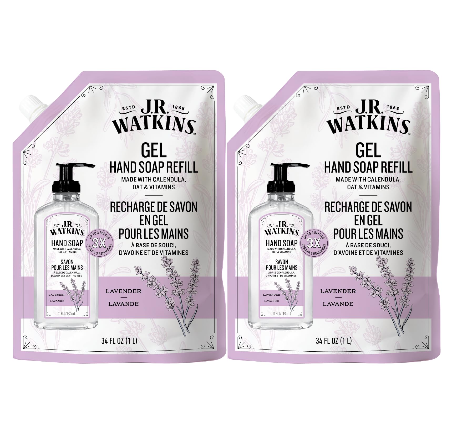 J.R. Watkins frontal del pack de recambio lavanda, ahorro y conveniencia
