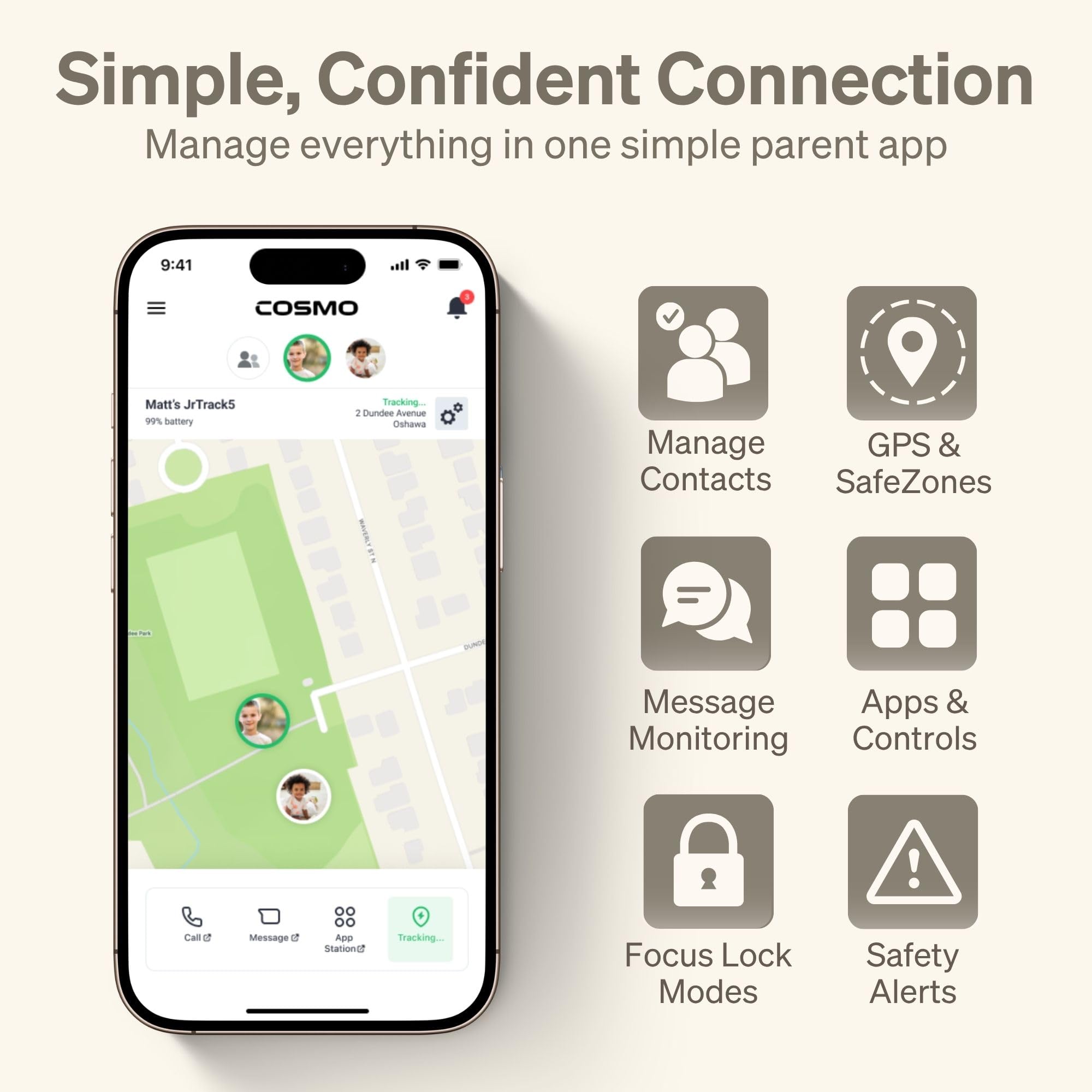 JrTrack pantalla con mapa GPS y alerta de SafeZone