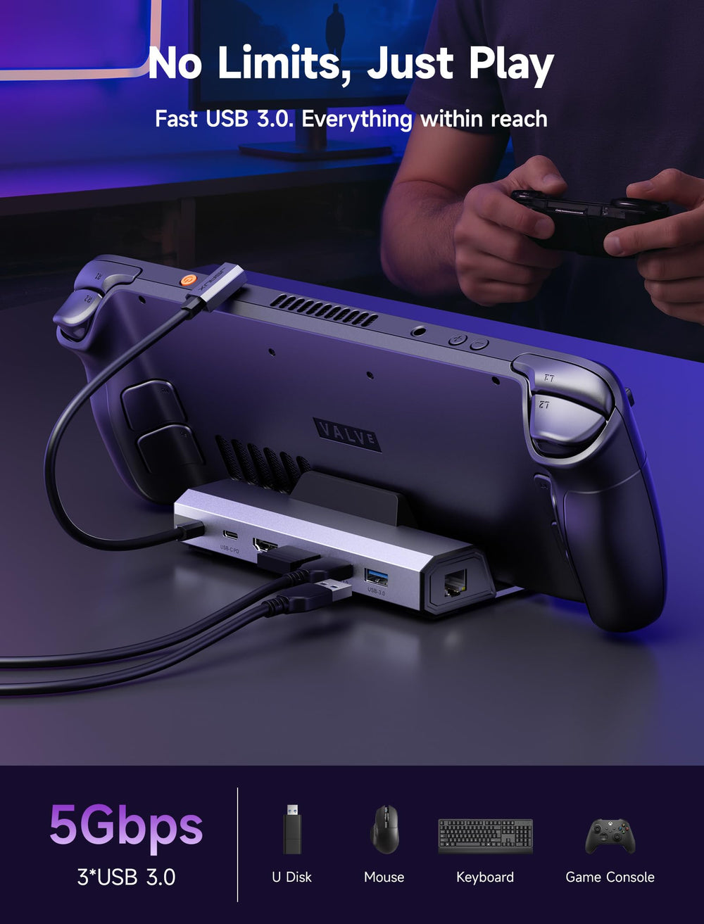 JSAUX Steam Deck conectado a TV 4K demostrando juego en pantalla grande