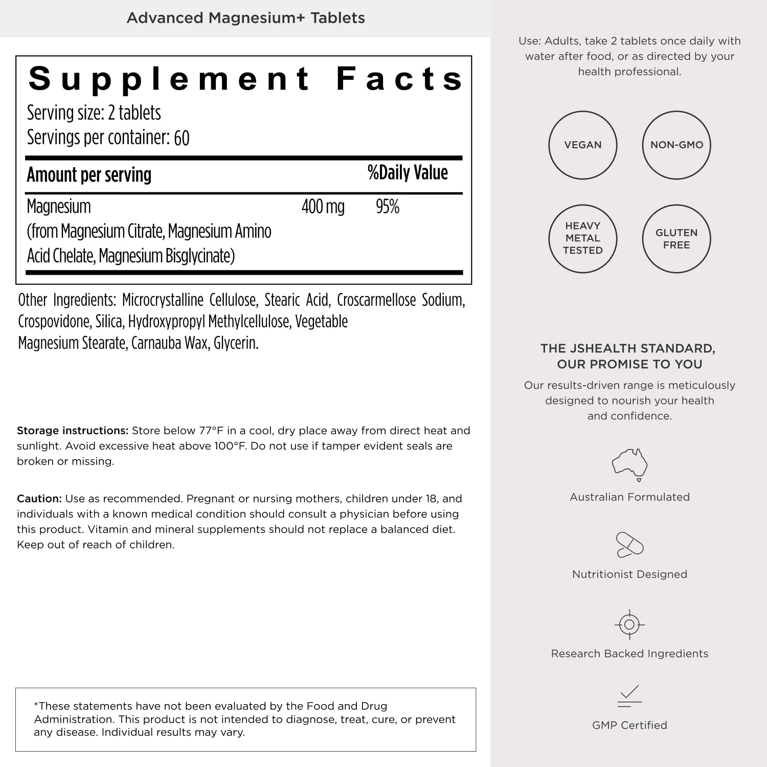 JSHealth tabla de ingredientes destacando 400 mg y triple formulación