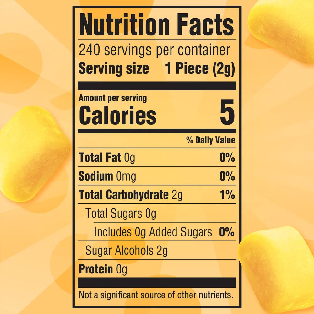 Juicy Fruit etiqueta con información del producto y beneficios sin azúcar