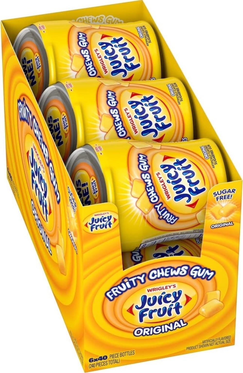 Juicy Fruit frente del bote mostrando el diseño y el práctico cierre resellable