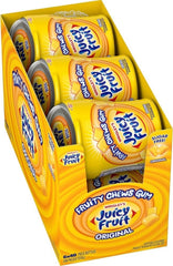 Juicy Fruit frente del bote mostrando el diseño y el práctico cierre resellable