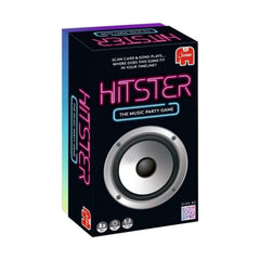 Jumbo Hitster frontal de la caja mostrando cartas y fichas para diversión inmediata