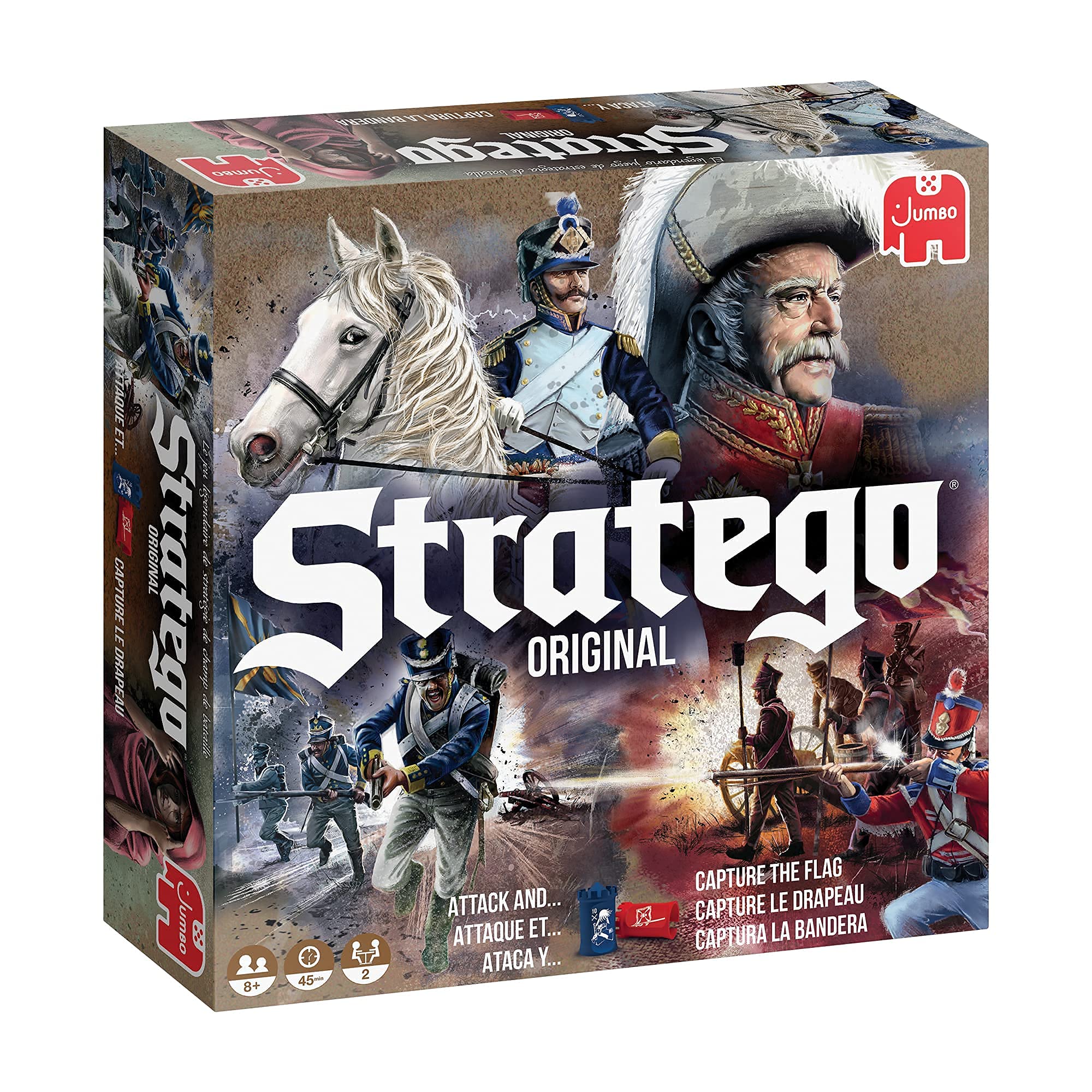 Jumbo Stratego empaque frontal mostrando el juego completo y beneficio de montaje rápido