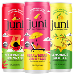 JUNI lata frente limonada mostrando diseño y refresco burbujeante