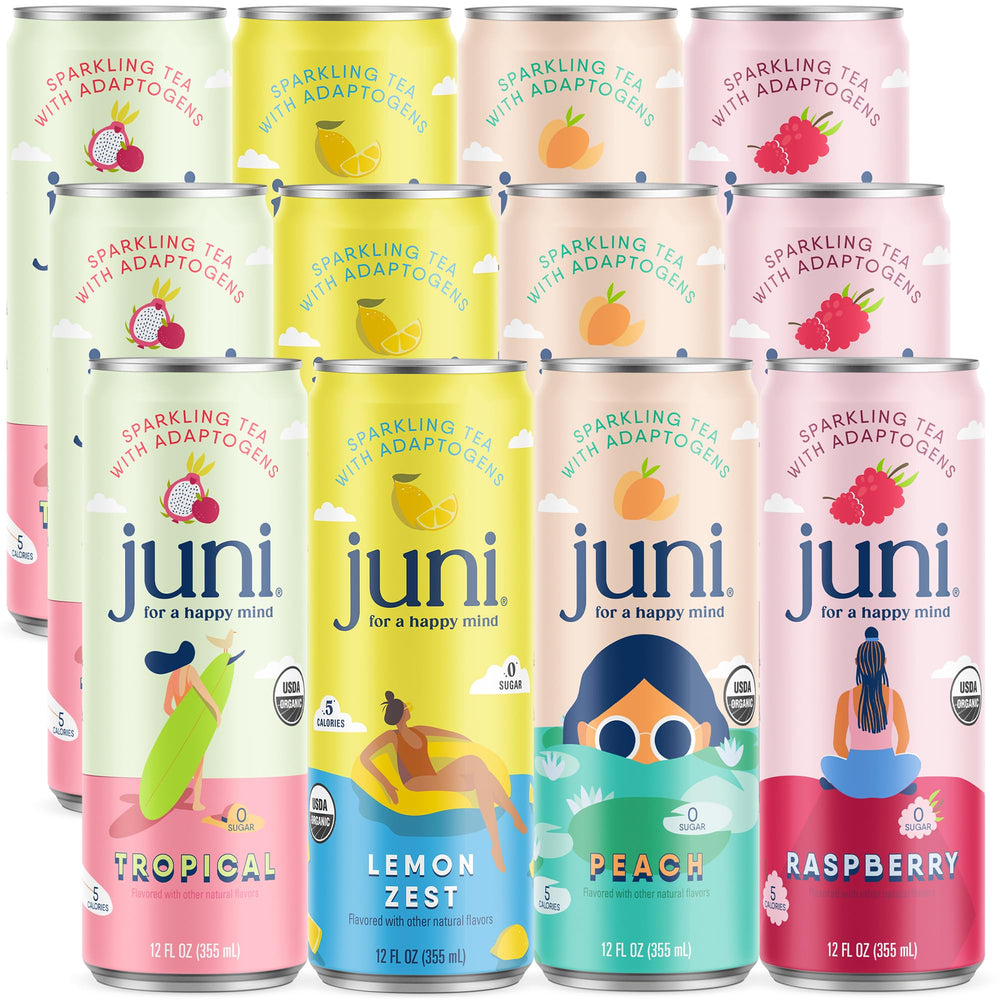 JUNI pack frontal variedad 12 latas mostrando sabores y diseño, ideal para elegir sabor