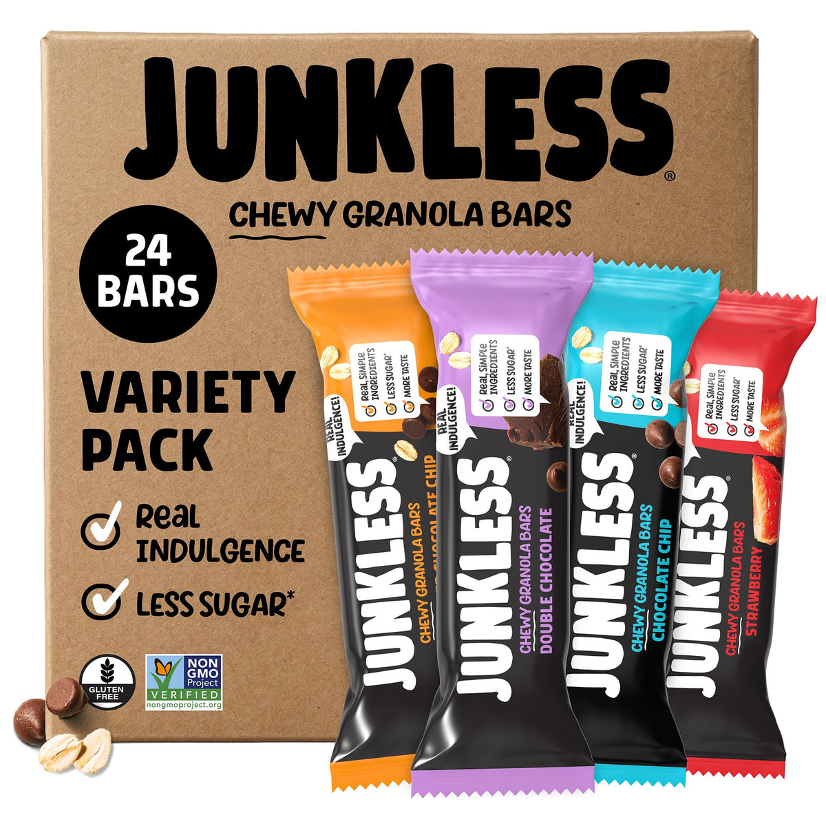 Junkless frente del empaque mostrando variedad y conveniencia