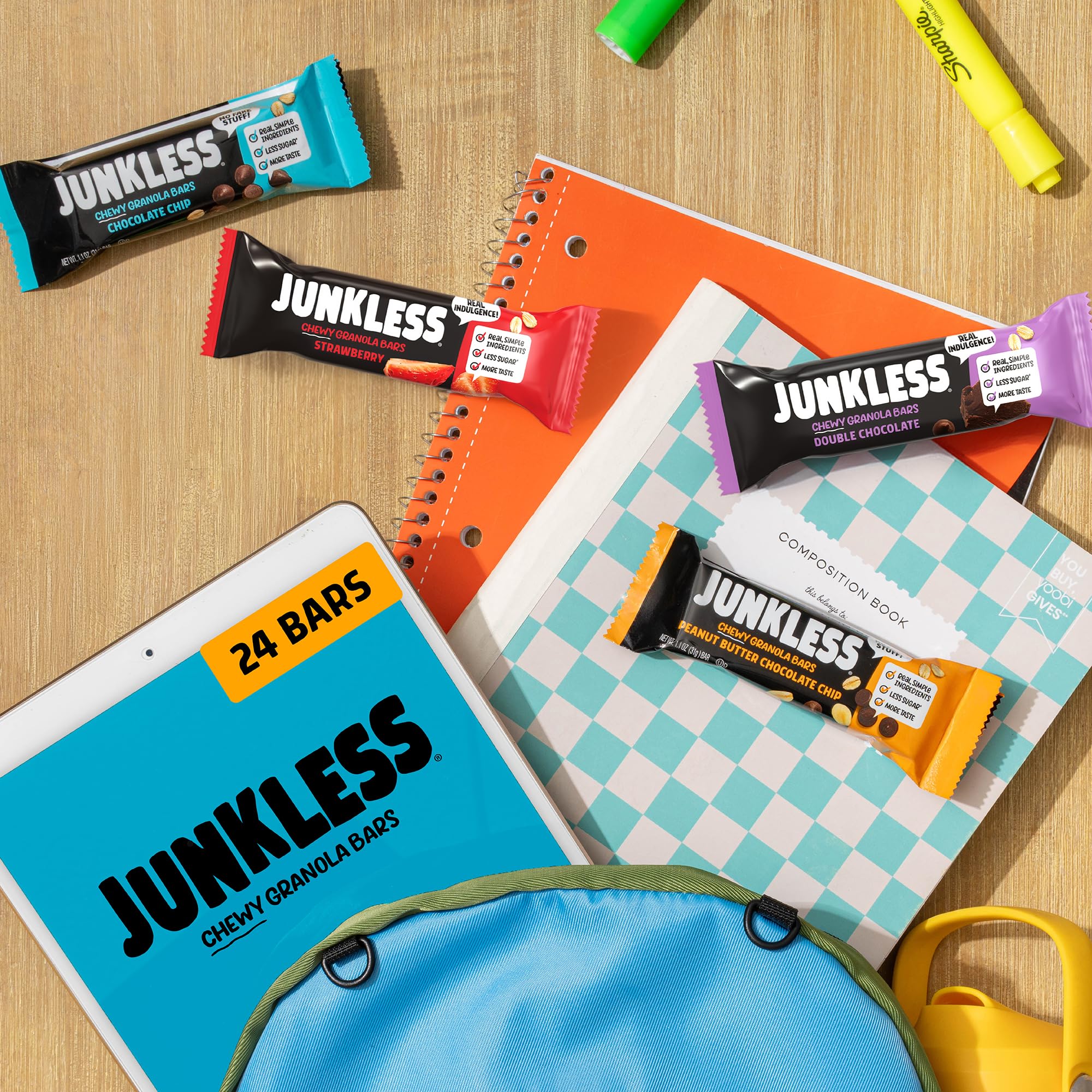 Junkless presentación en mesa mostrando los cuatro sabores juntos