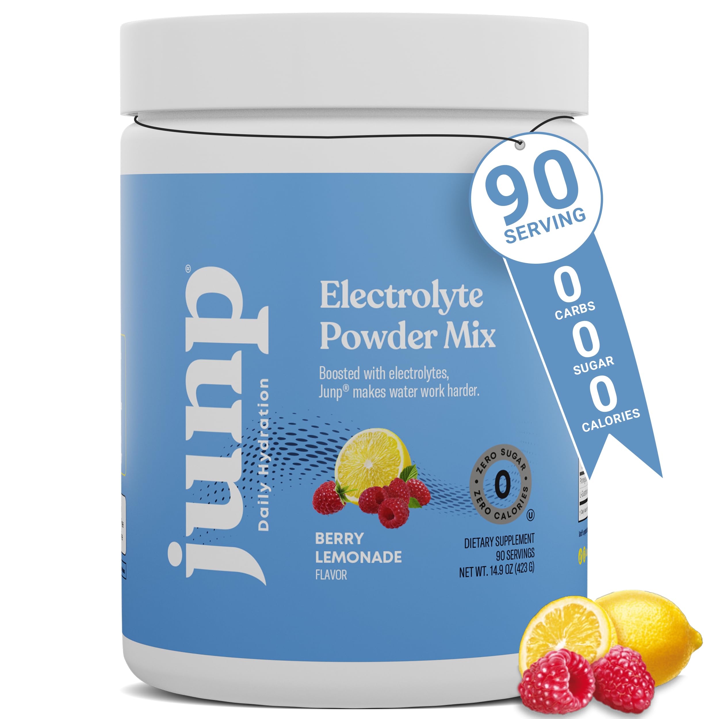 JUNP envase frontal mostrando 90 porciones y sabor berry lemonade